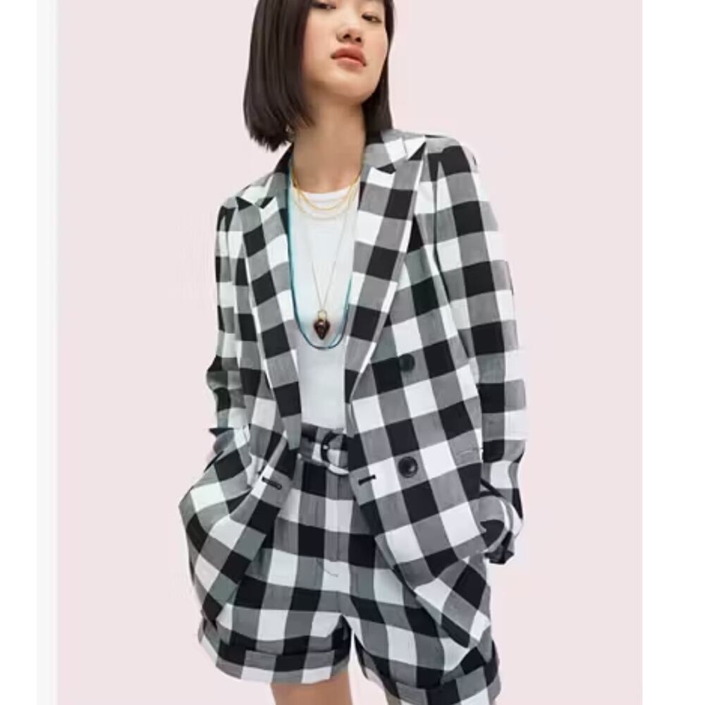Kate Spade Gingham Blazer Black & White Plaid Double Breasted Preppy Size 2